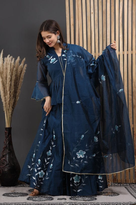 Floral Embroidered Lehenga Set in Navy Blue