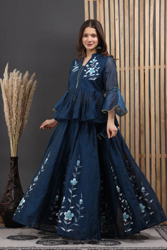 Floral Embroidered Lehenga Set in Navy Blue