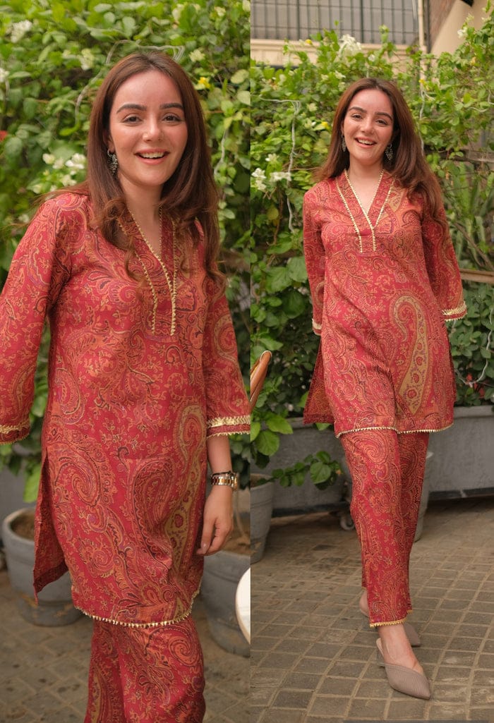 Rust Paisley Printed Kurta Set with Gold Lace Detailing