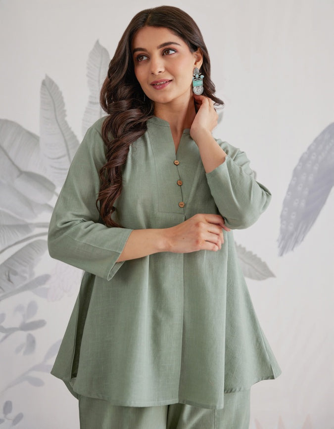 Linen Solid Relaxed Fit Co-Ord Set in Sage Green