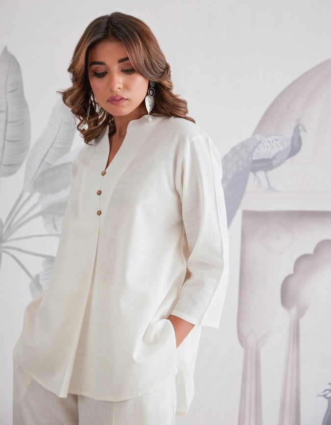 Linen Solid Relaxed Fit Co-Ord Set in White