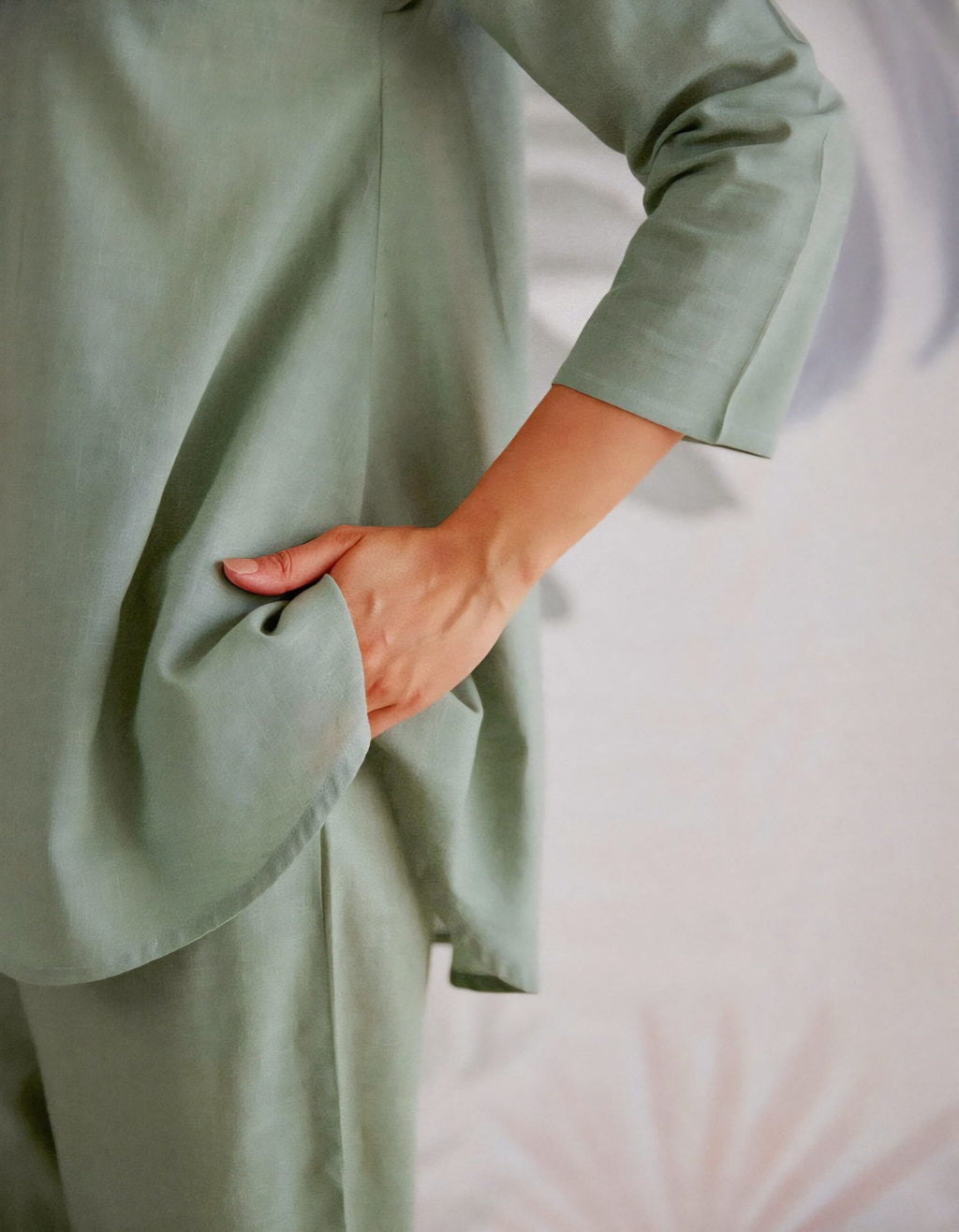 Linen Solid Relaxed Fit Co-Ord Set in Sage Green