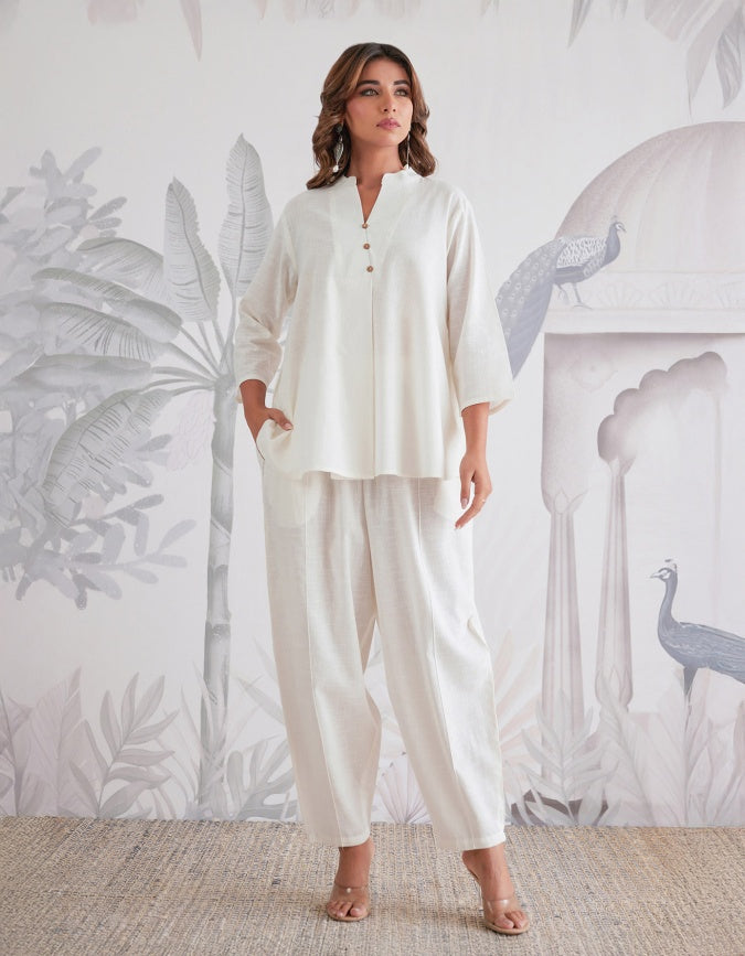 Linen Solid Relaxed Fit Co-Ord Set in White