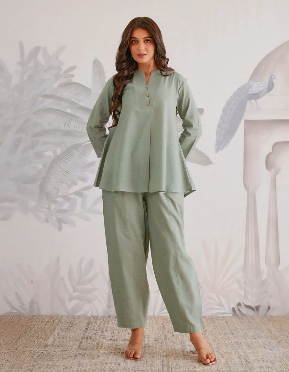 Linen Solid Relaxed Fit Co-Ord Set in Sage Green