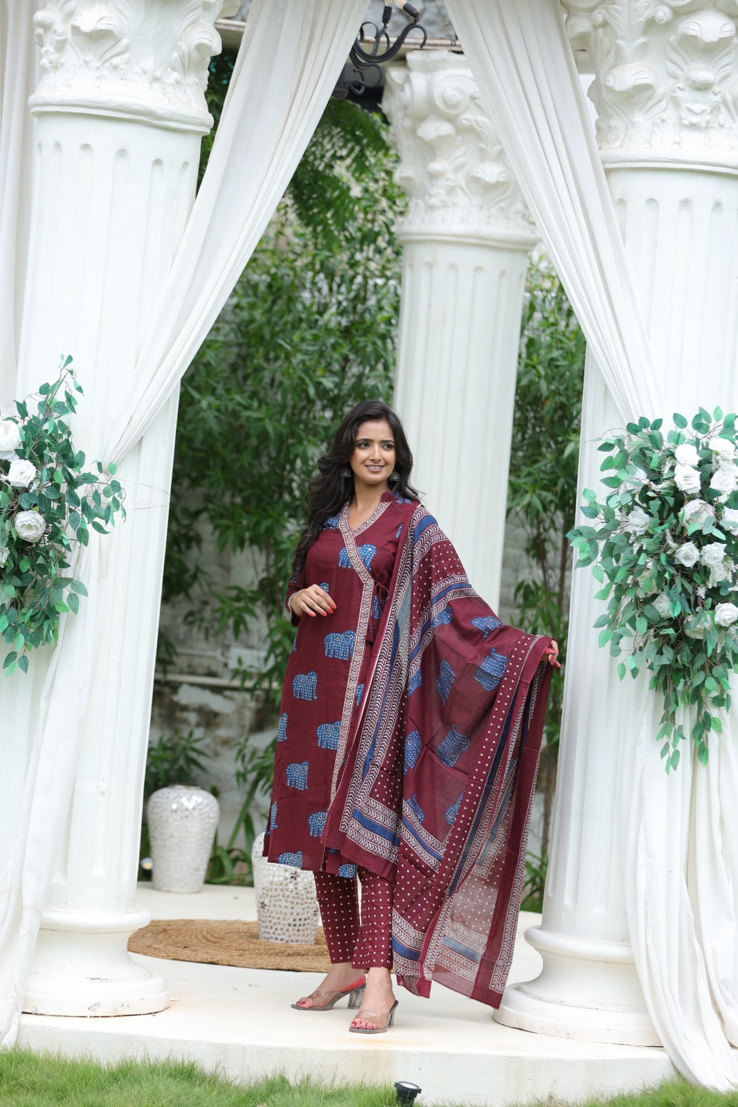 Elephant Print Cotton Kurta Set with Dupatta