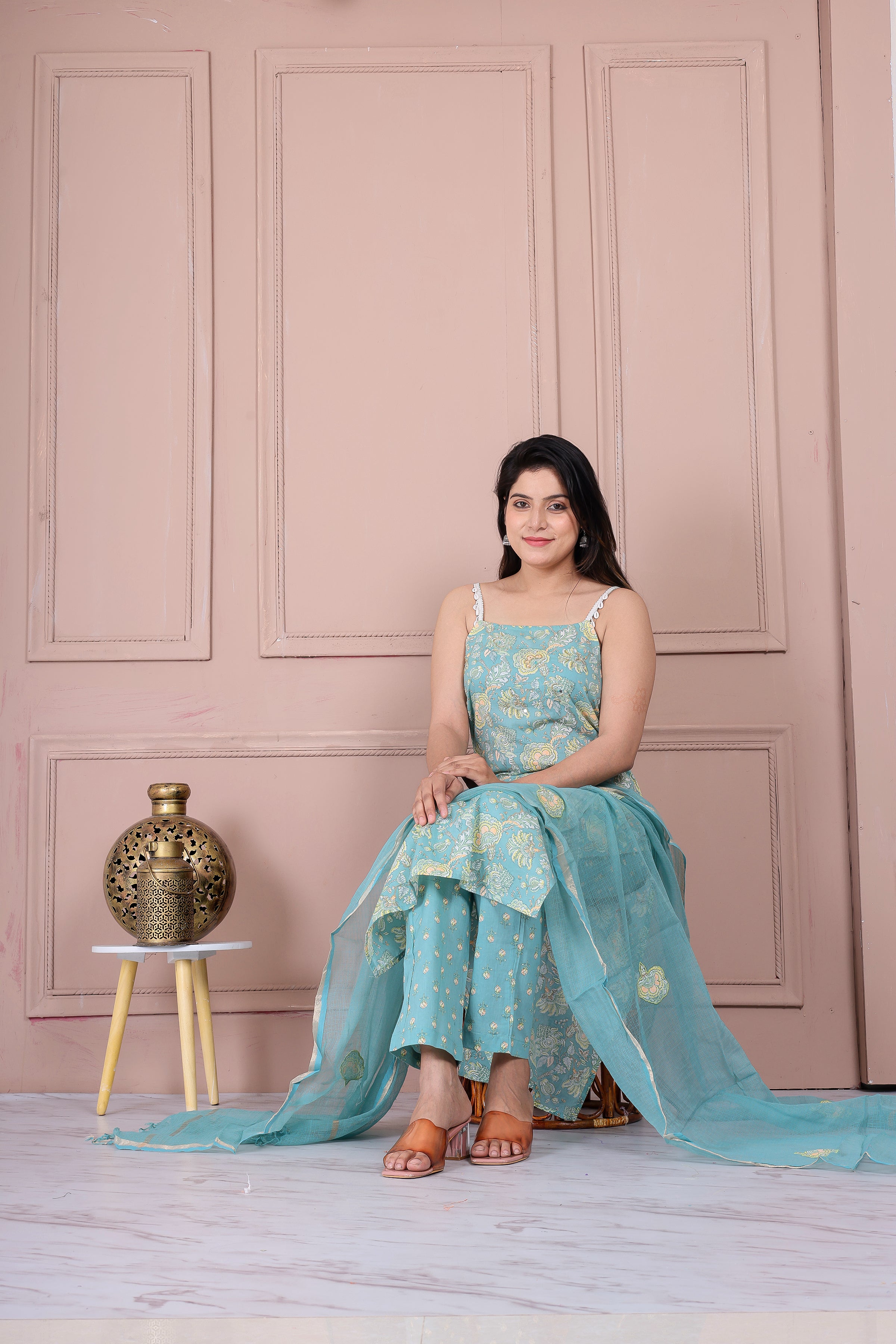 Elegant Sea Green Cotton Suit Set with Kota Doria Dupatta