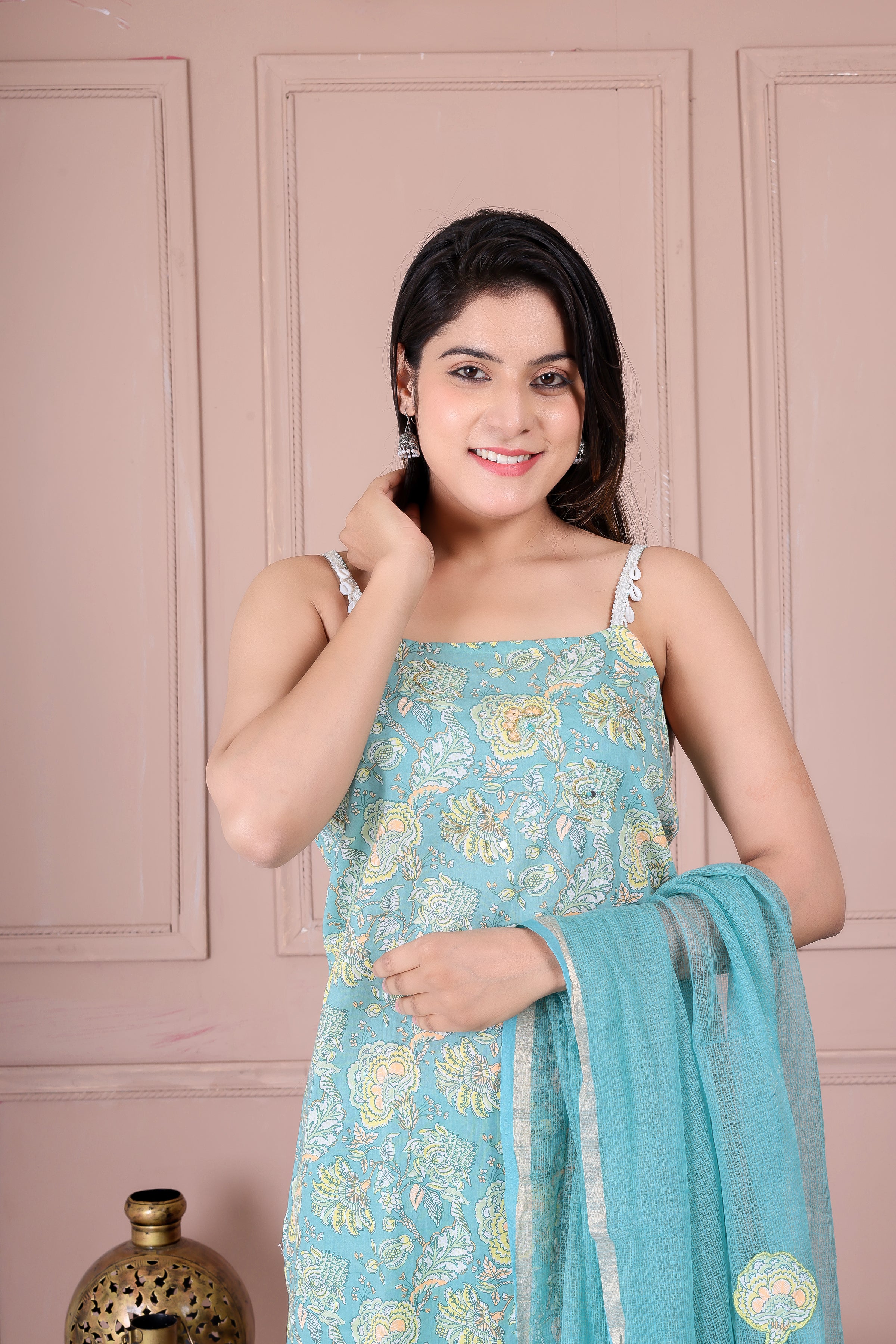Elegant Sea Green Cotton Suit Set with Kota Doria Dupatta