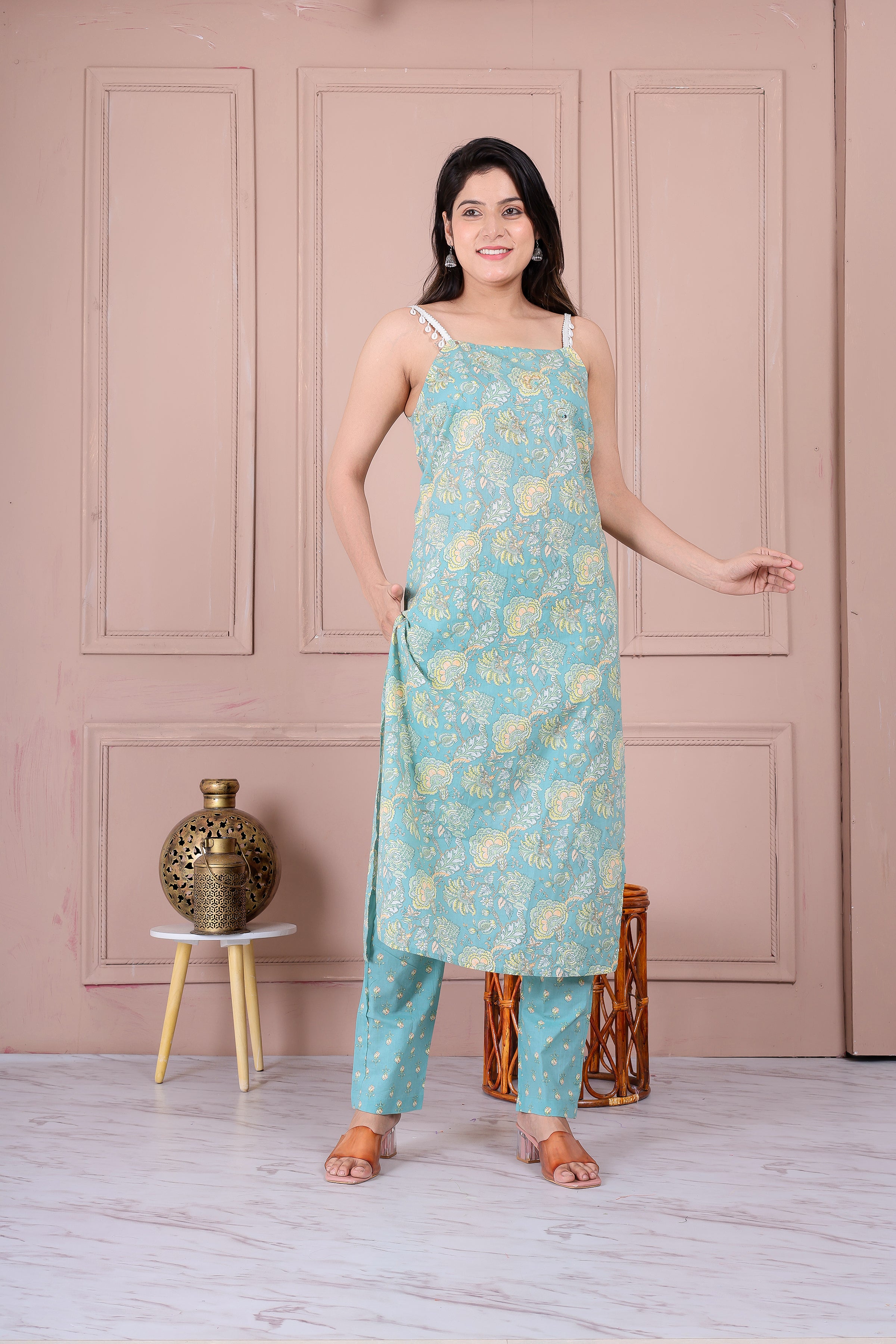 Elegant Sea Green Cotton Suit Set with Kota Doria Dupatta