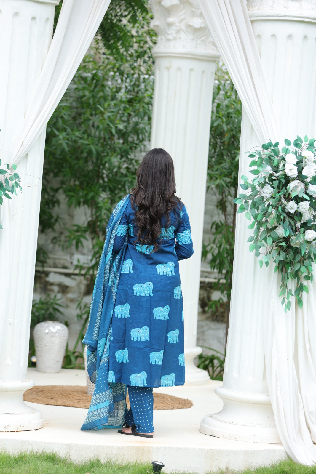 Elephant Print Cotton Kurta Set with Dupatta