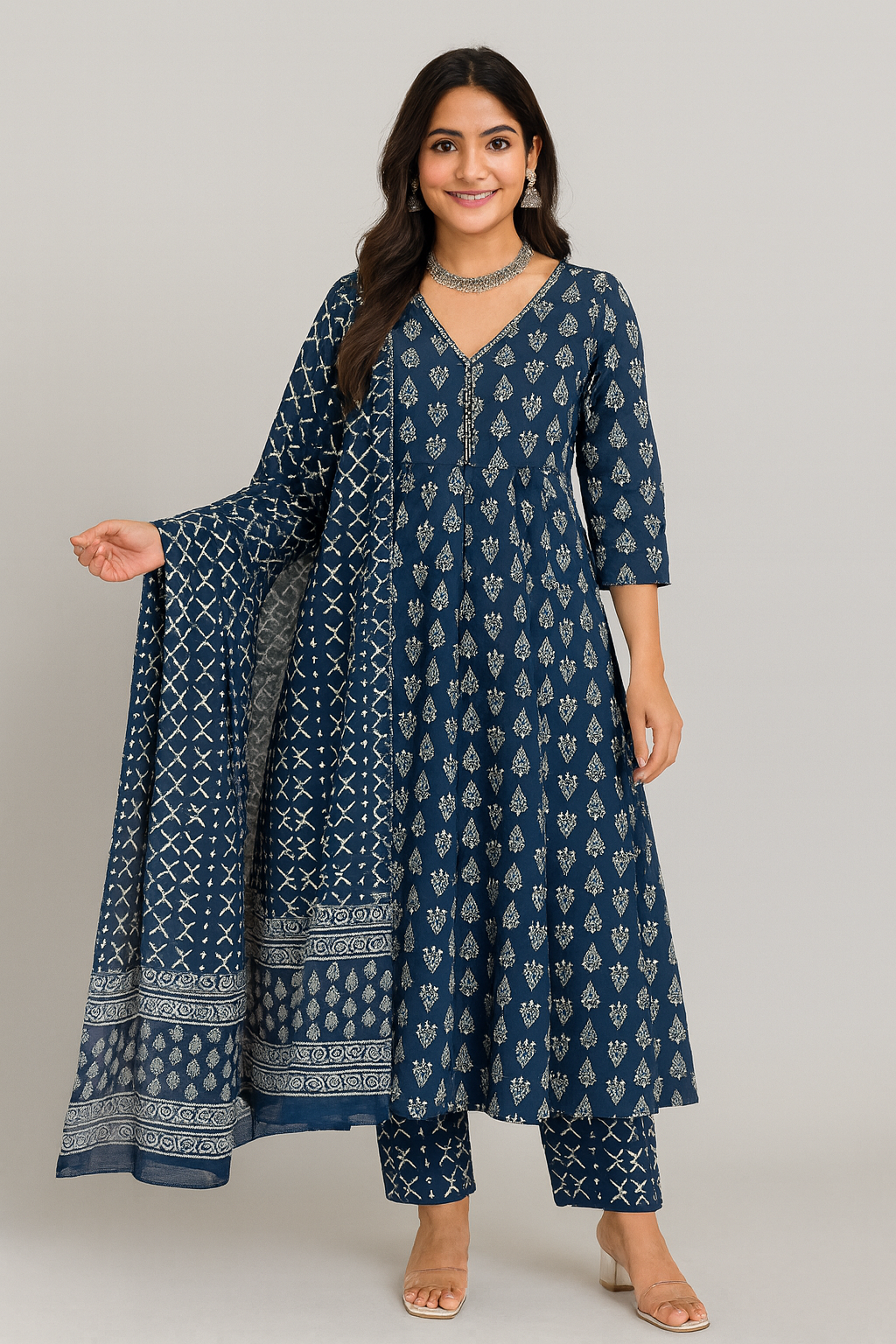 Blue Ajrakh Print Anarkali Kurta Set with Dupatta
