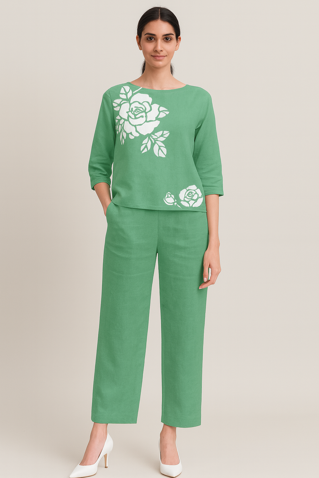 Floral Green Print Two-Piece Co-ord Set for Women