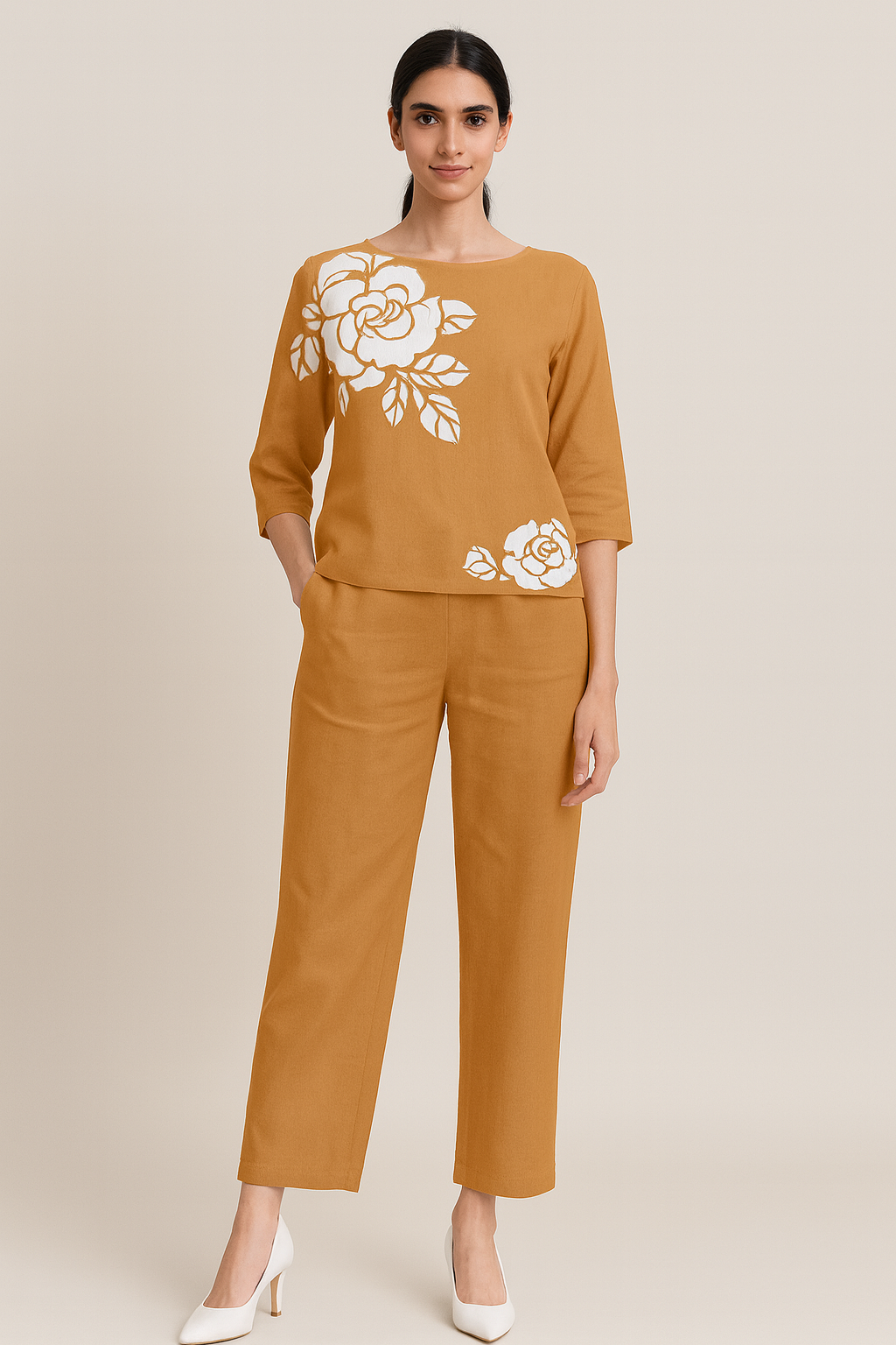 Floral Brown Print Two-Piece Co-ord Set for Women