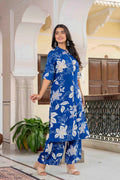 Women’s Blue Floral Printed Cotton Kurta Set with Pants