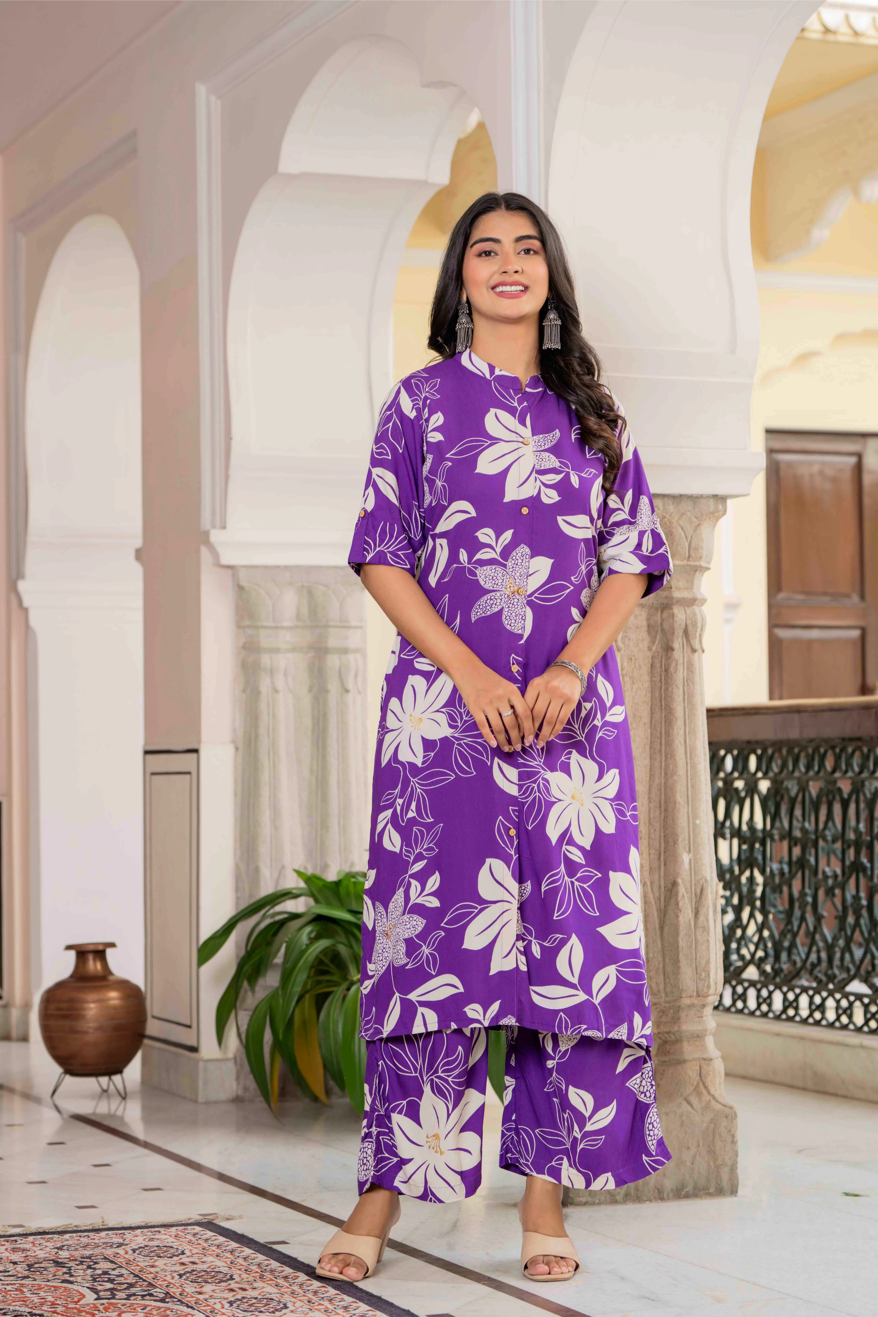 Women’s Purple Floral Printed Cotton Kurta Set with Pants