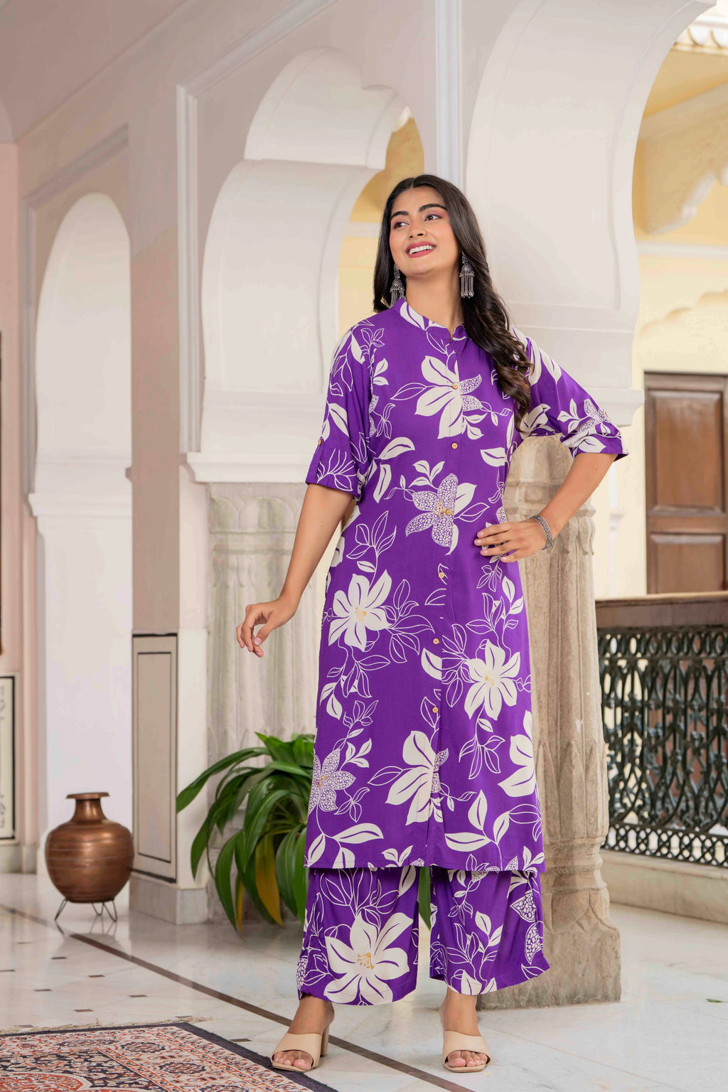 Women’s Purple Floral Printed Cotton Kurta Set with Pants