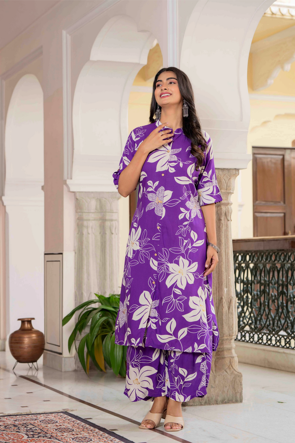 Women’s Purple Floral Printed Cotton Kurta Set with Pants