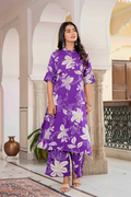 Women’s Purple Floral Printed Cotton Kurta Set with Pants