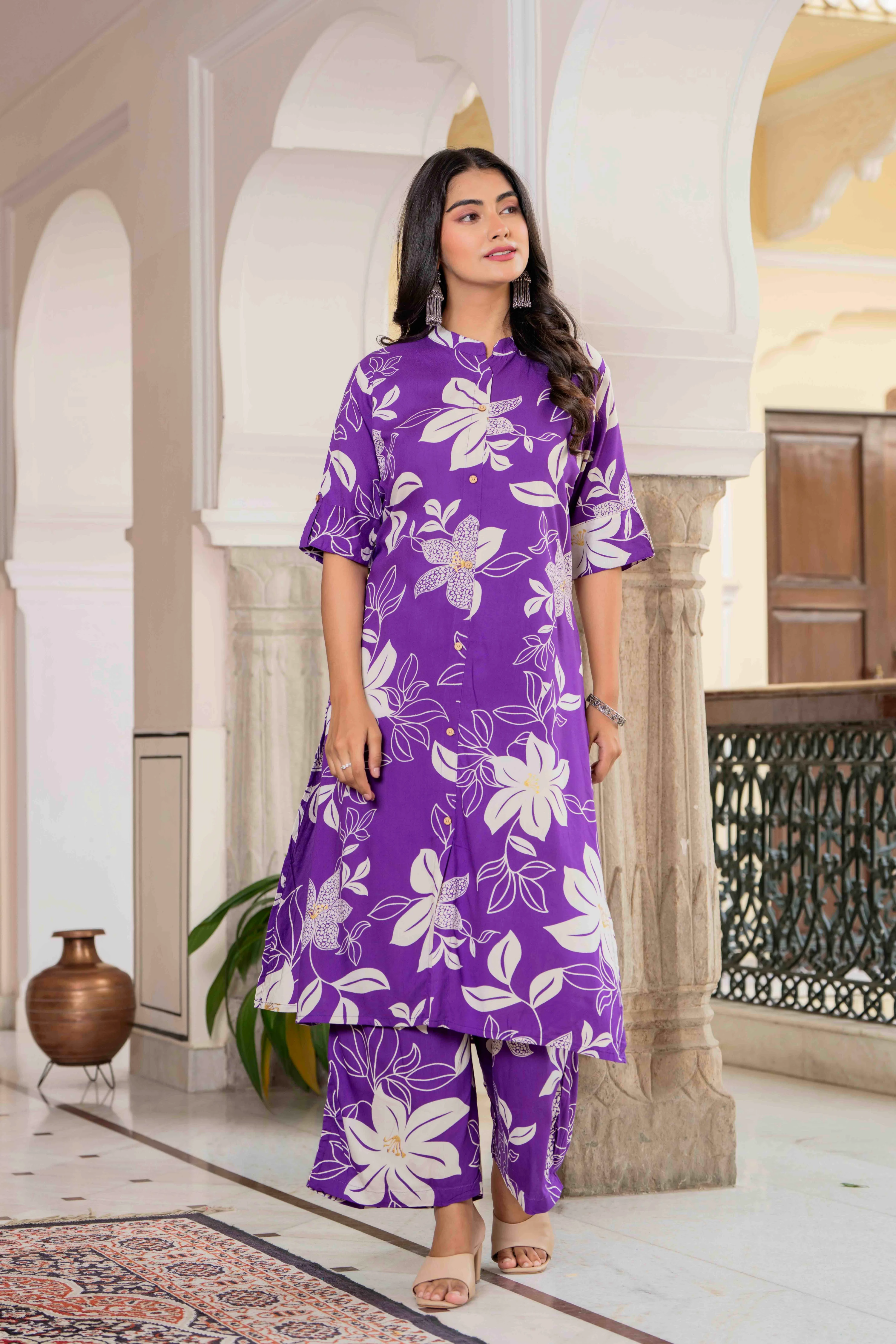 Women’s Purple Floral Printed Cotton Kurta Set with Pants