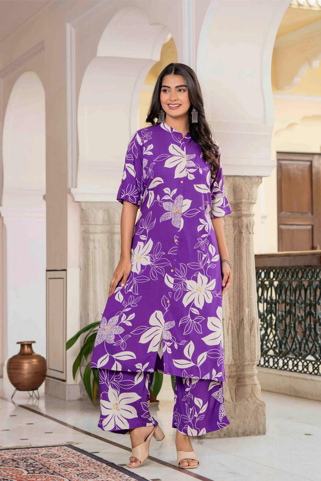 Women’s Purple Floral Printed Cotton Kurta Set with Pants