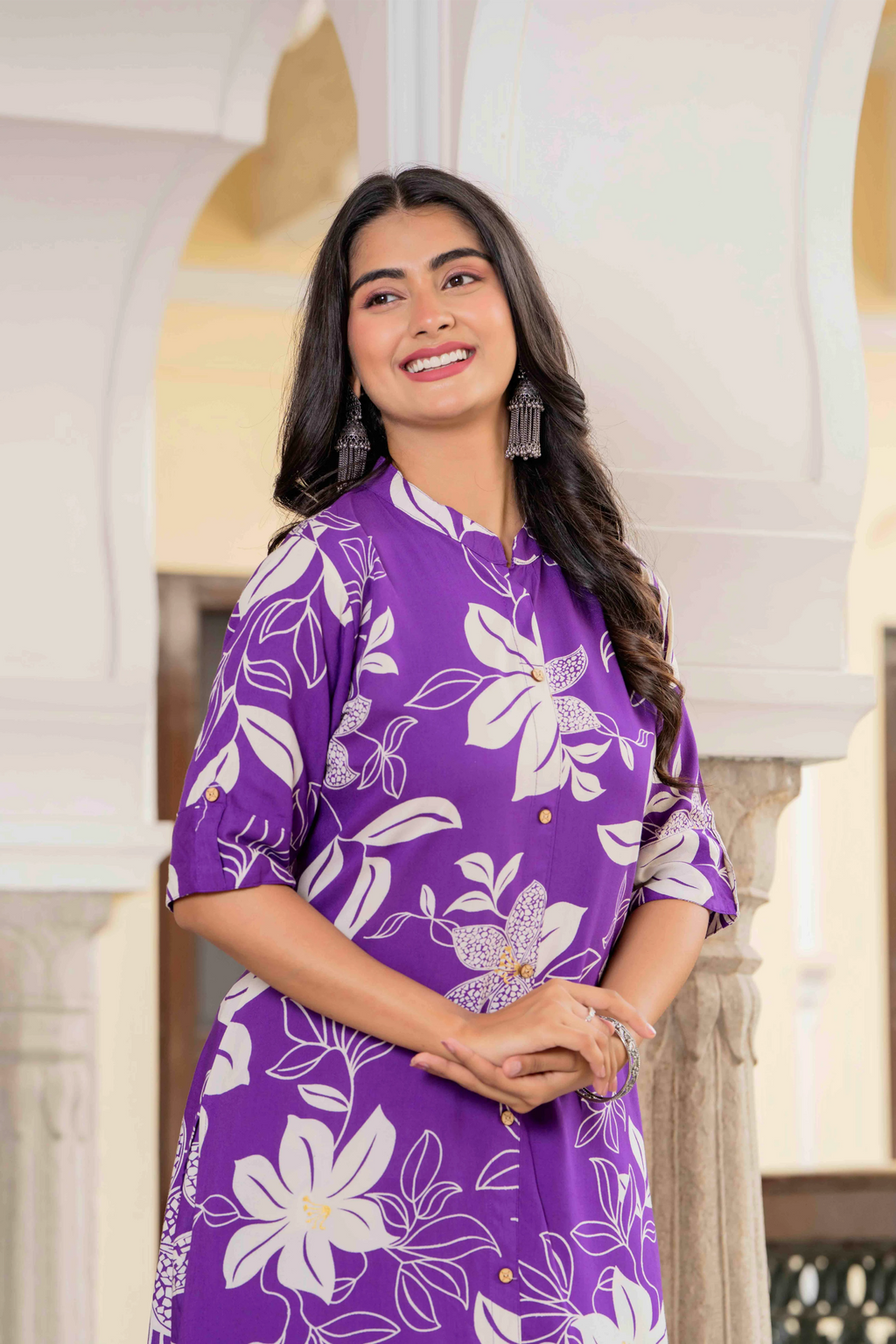 Women’s Purple Floral Printed Cotton Kurta Set with Pants