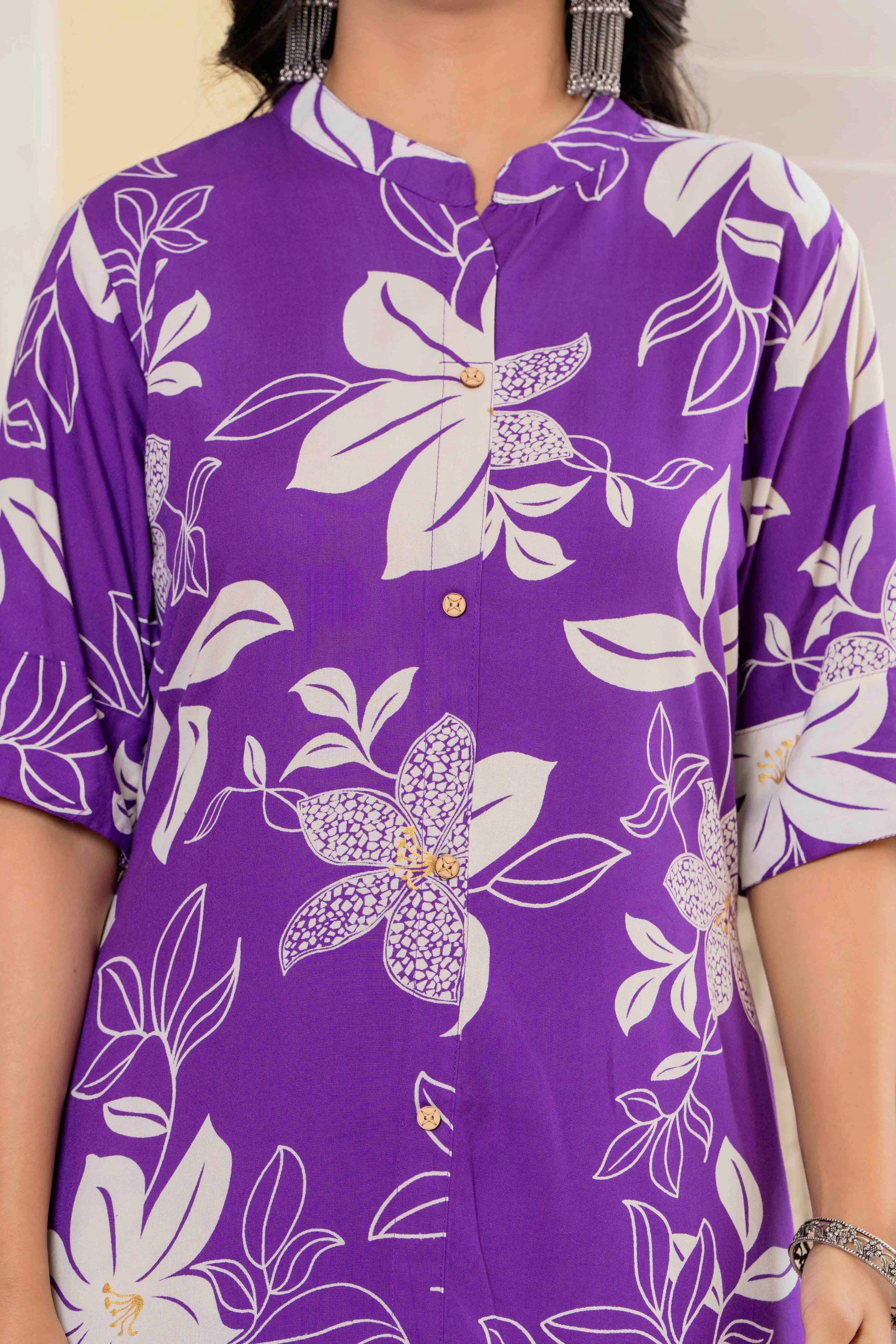Women’s Purple Floral Printed Cotton Kurta Set with Pants