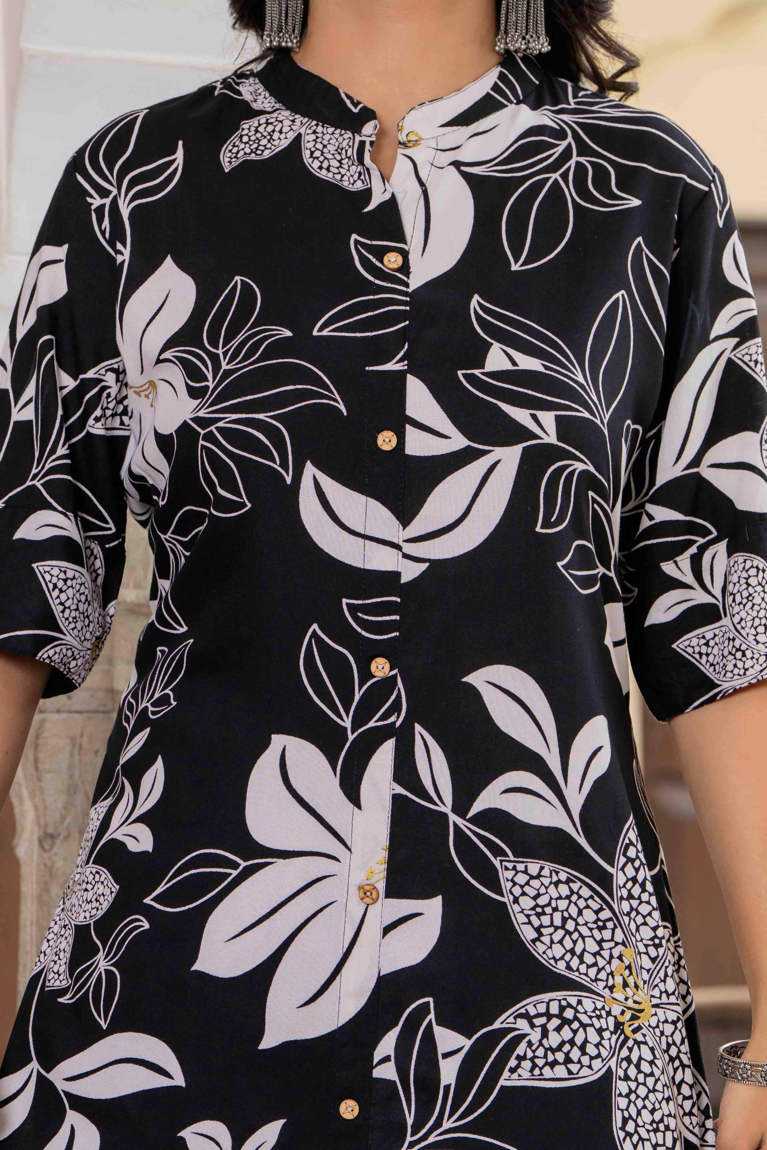 Women’s Black Floral Printed Cotton Kurta Set with Pants