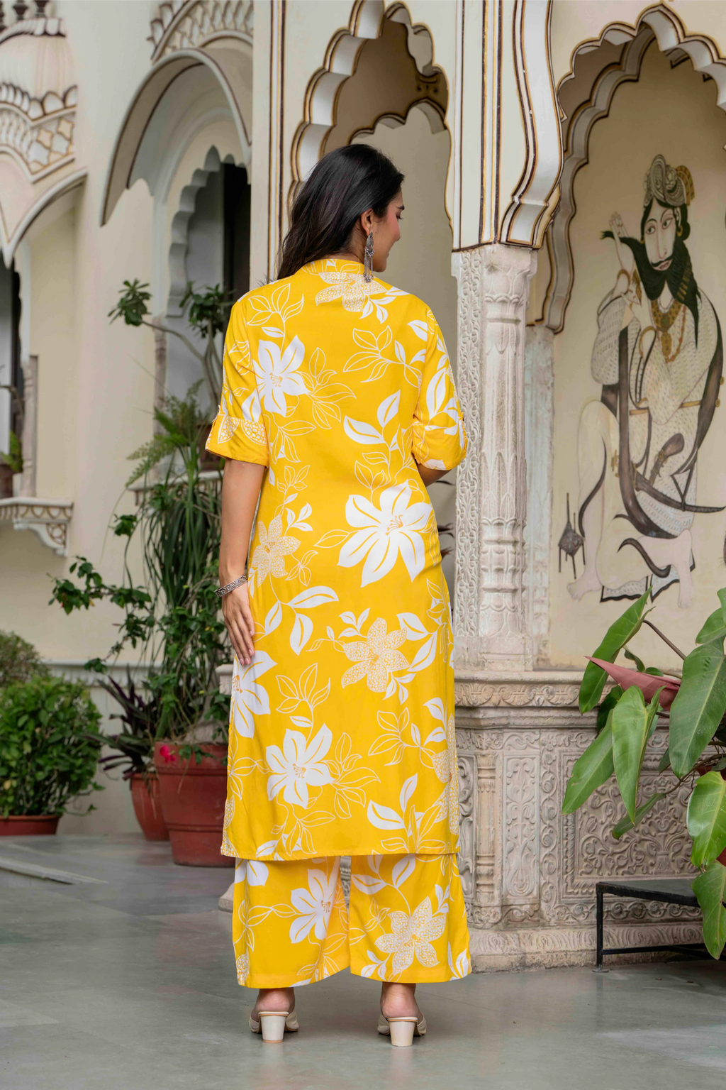 Women’s Yellow Floral Printed Cotton Kurta Set with Pants