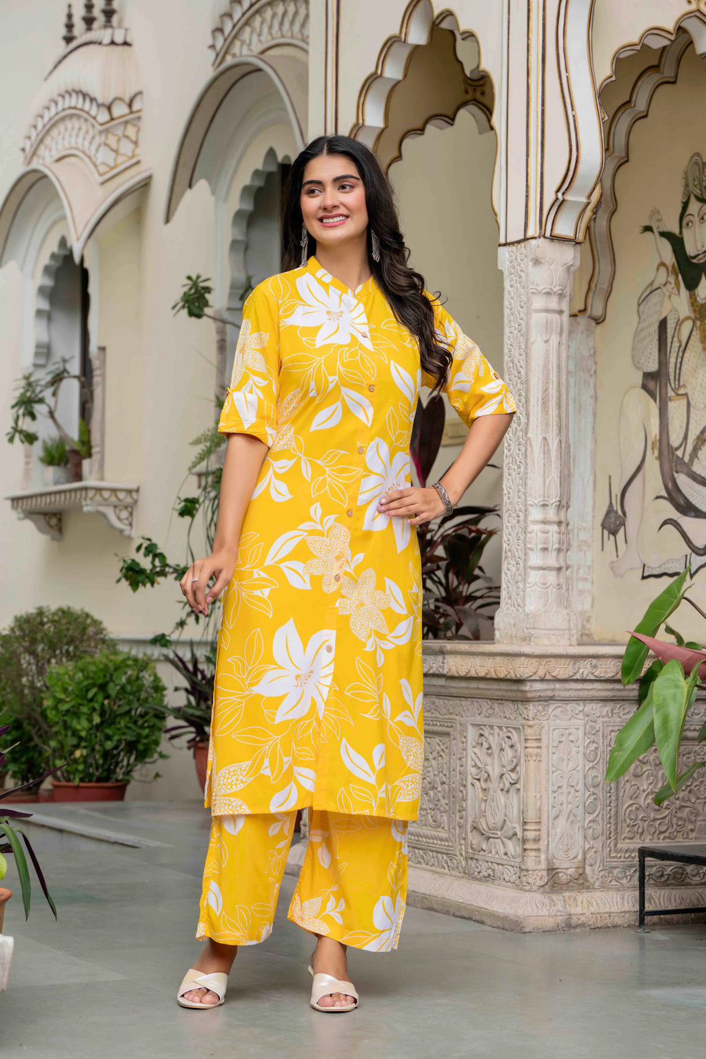Women’s Yellow Floral Printed Cotton Kurta Set with Pants