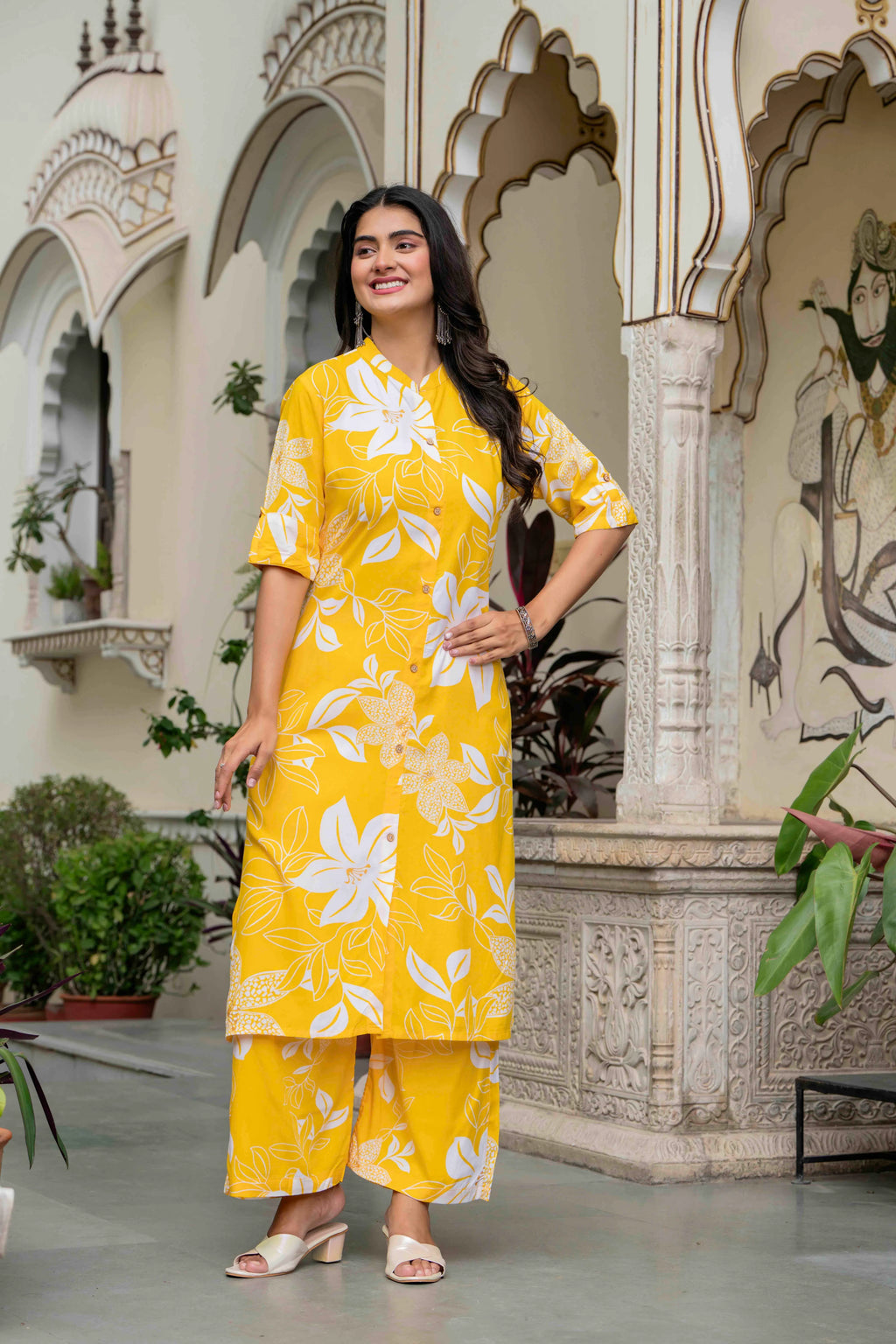 Women’s Yellow Floral Printed Cotton Kurta Set with Pants
