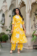 Women’s Yellow Floral Printed Cotton Kurta Set with Pants