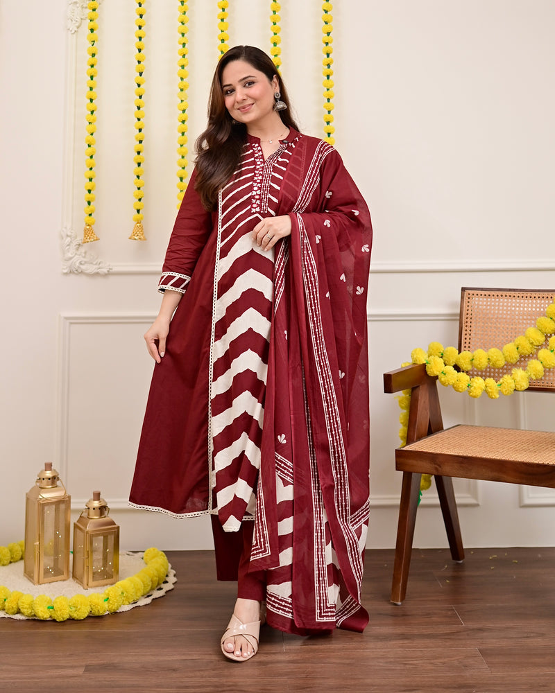 Red Premium Cotton A-Line Suit Set | Embroidered Elegance with Dupatta