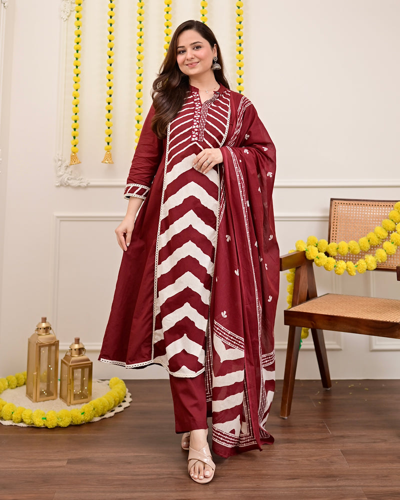 Red Premium Cotton A-Line Suit Set | Embroidered Elegance with Dupatta