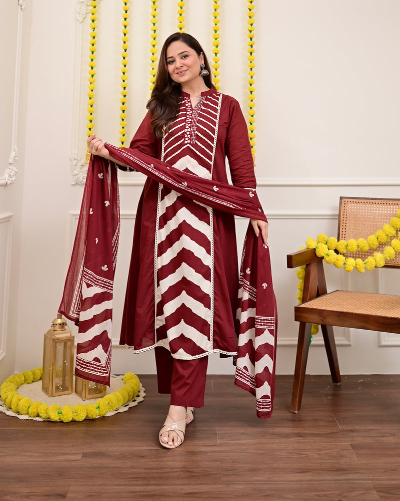 Red Premium Cotton A-Line Suit Set | Embroidered Elegance with Dupatta