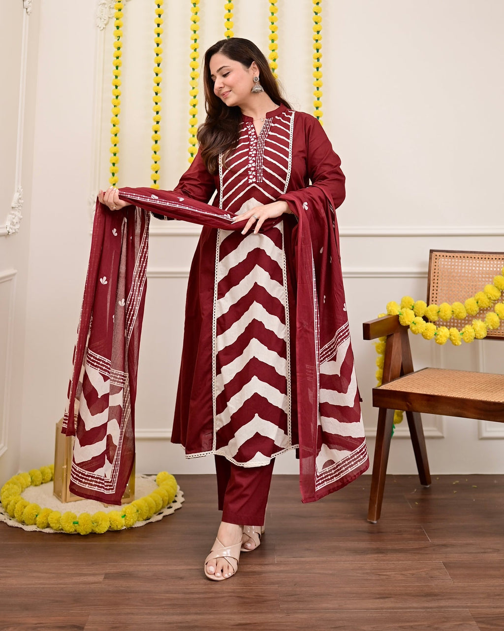 Red Premium Cotton A-Line Suit Set | Embroidered Elegance with Dupatta