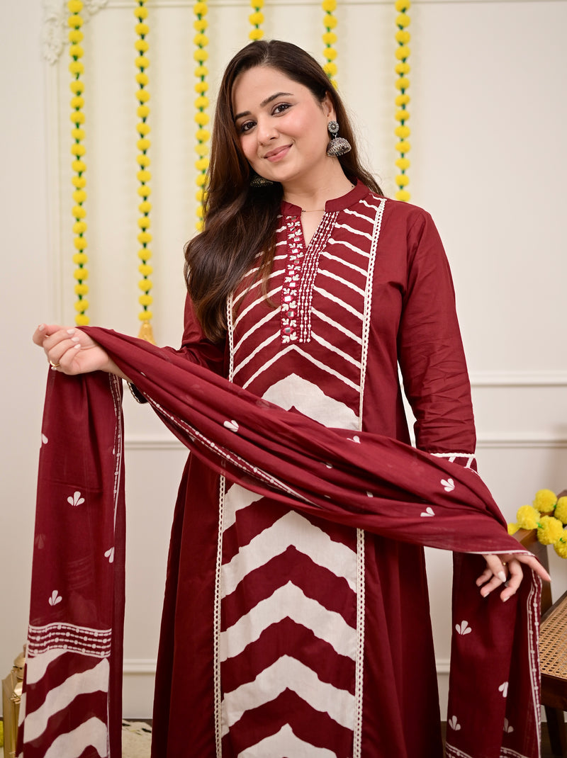 Red Premium Cotton A-Line Suit Set | Embroidered Elegance with Dupatta