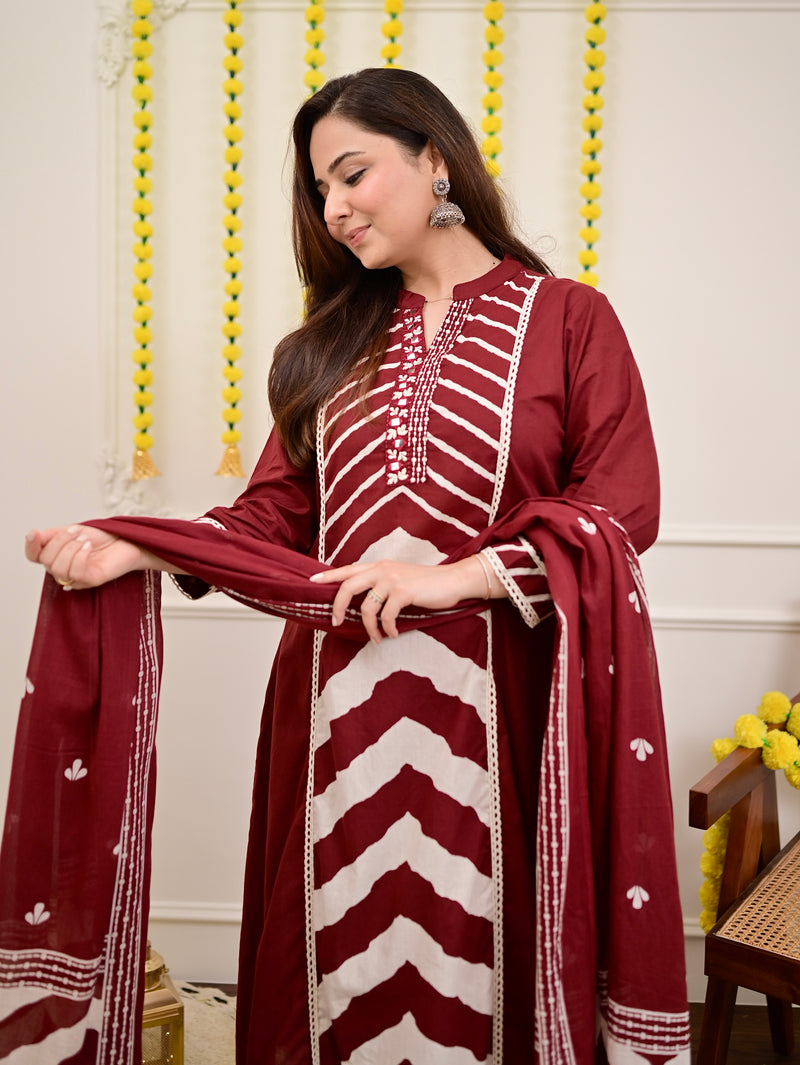 Red Premium Cotton A-Line Suit Set | Embroidered Elegance with Dupatta