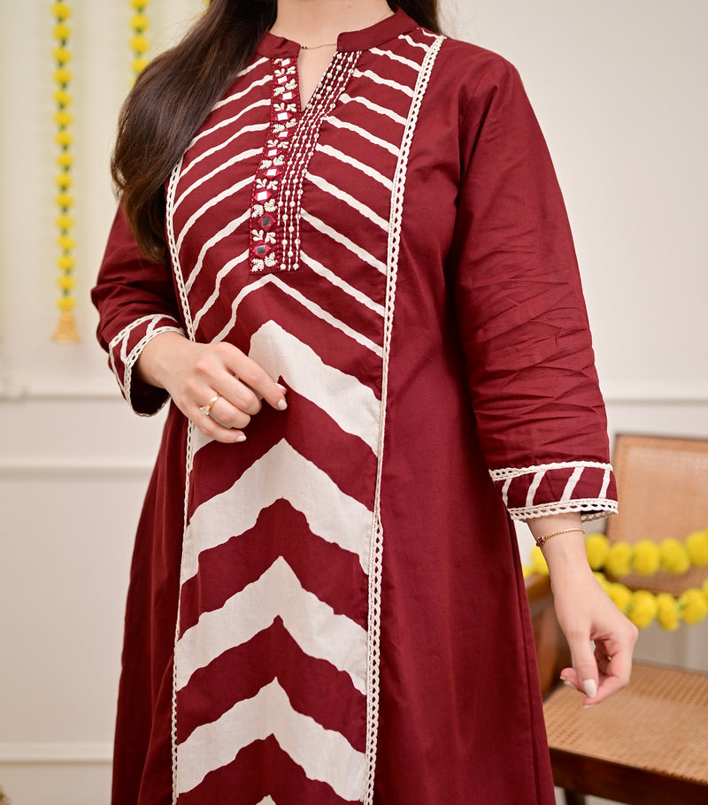 Red Premium Cotton A-Line Suit Set | Embroidered Elegance with Dupatta