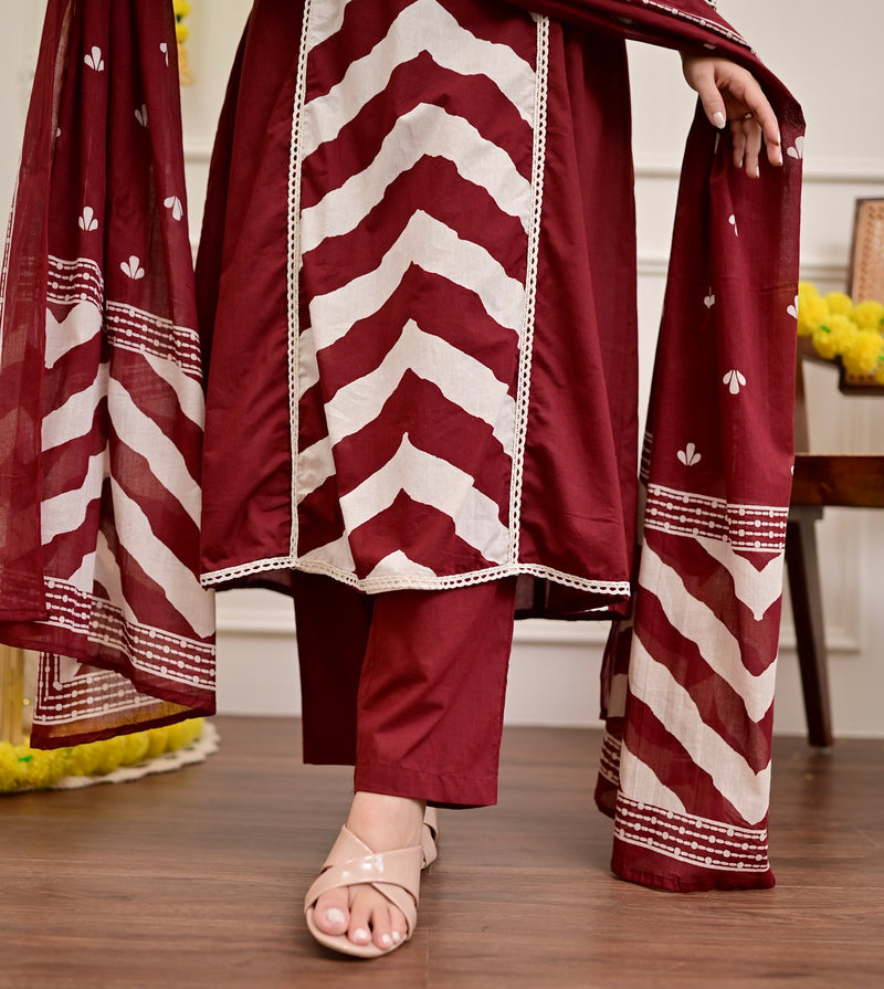 Red Premium Cotton A-Line Suit Set | Embroidered Elegance with Dupatta