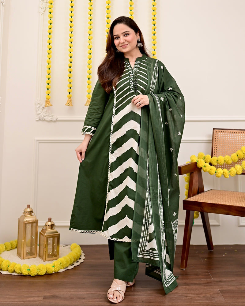 Green Premium Cotton A-Line Suit Set | Embroidered Elegance with Dupatta