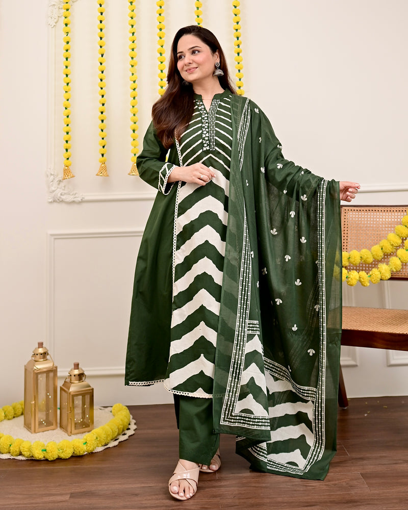 Green Premium Cotton A-Line Suit Set | Embroidered Elegance with Dupatta