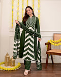 Green Premium Cotton A-Line Suit Set | Embroidered Elegance with Dupatta