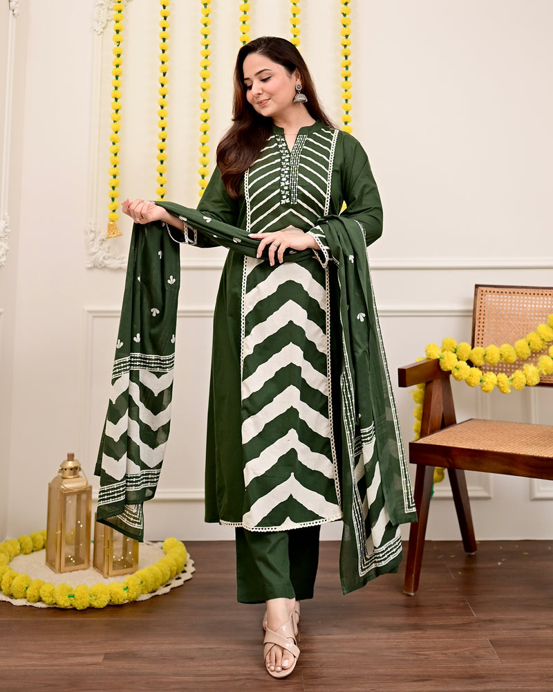 Green Premium Cotton A-Line Suit Set | Embroidered Elegance with Dupatta