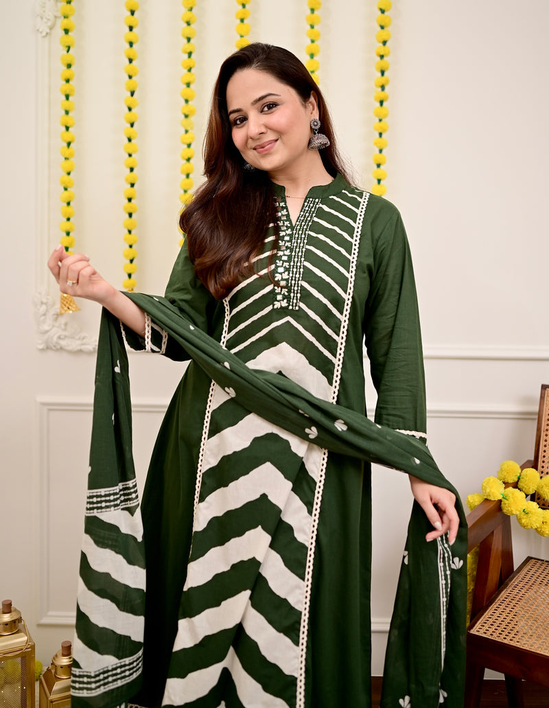 Green Premium Cotton A-Line Suit Set | Embroidered Elegance with Dupatta