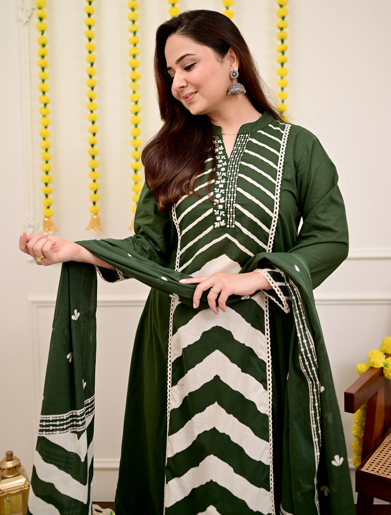Green Premium Cotton A-Line Suit Set | Embroidered Elegance with Dupatta