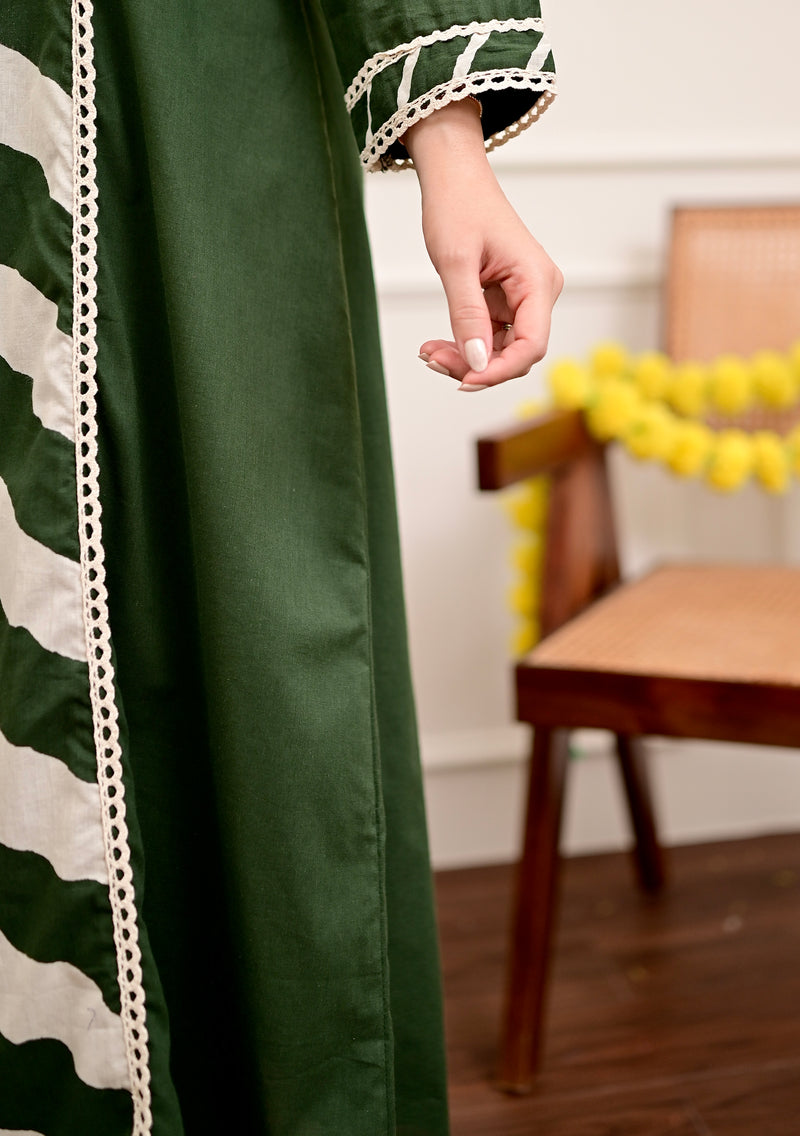 Green Premium Cotton A-Line Suit Set | Embroidered Elegance with Dupatta