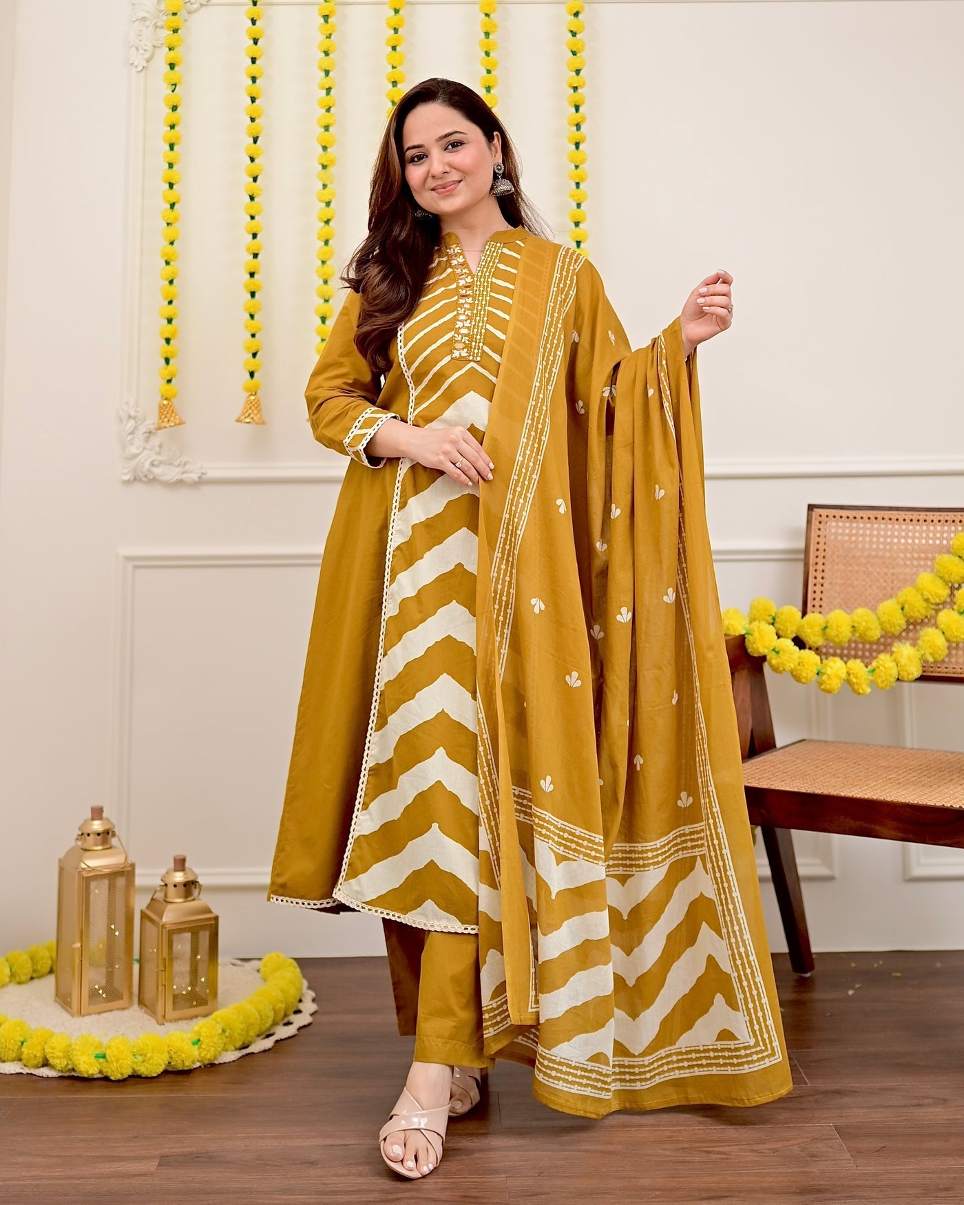 Yellow Premium Cotton A-Line Suit Set | Embroidered Elegance with Dupatta