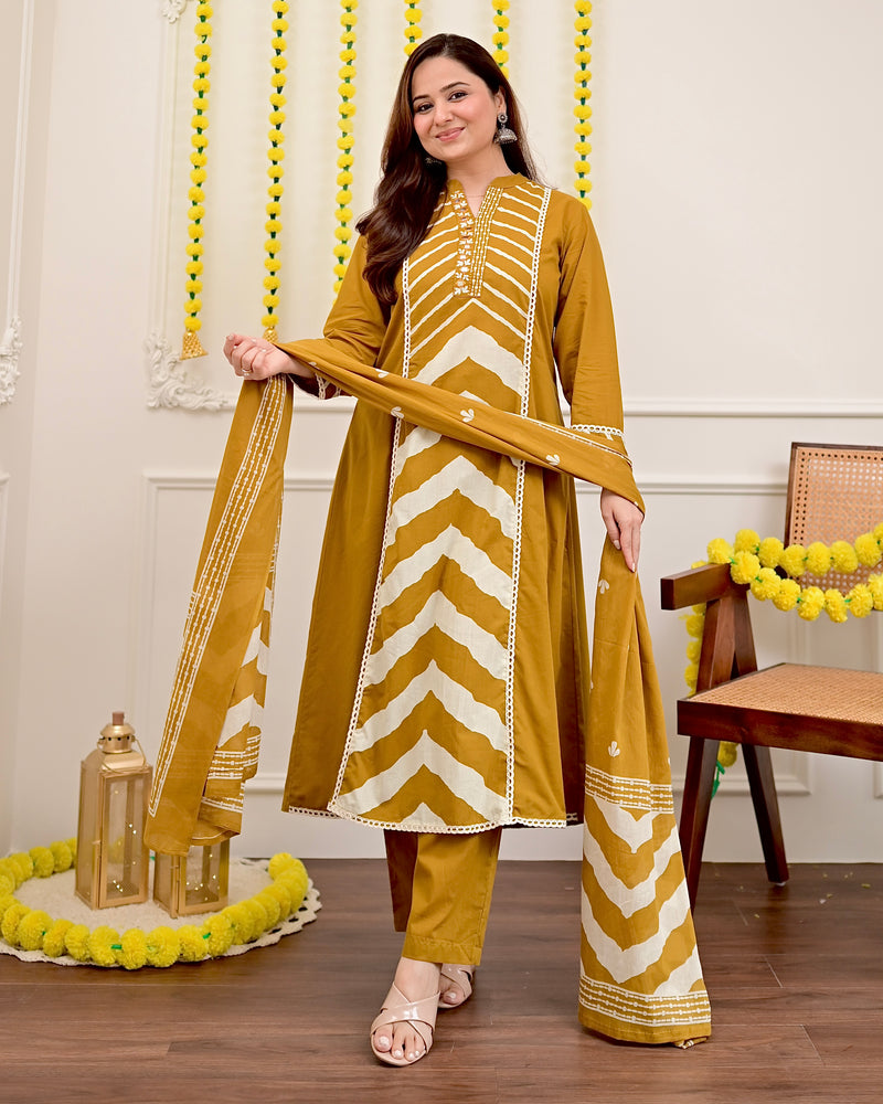 Yellow Premium Cotton A-Line Suit Set | Embroidered Elegance with Dupatta