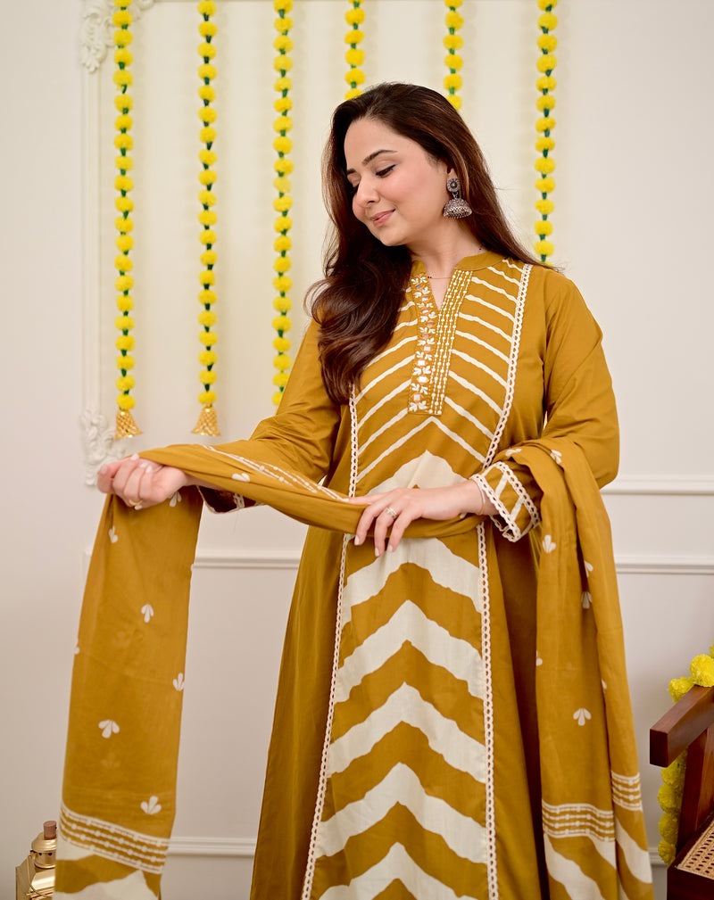 Yellow Premium Cotton A-Line Suit Set | Embroidered Elegance with Dupatta