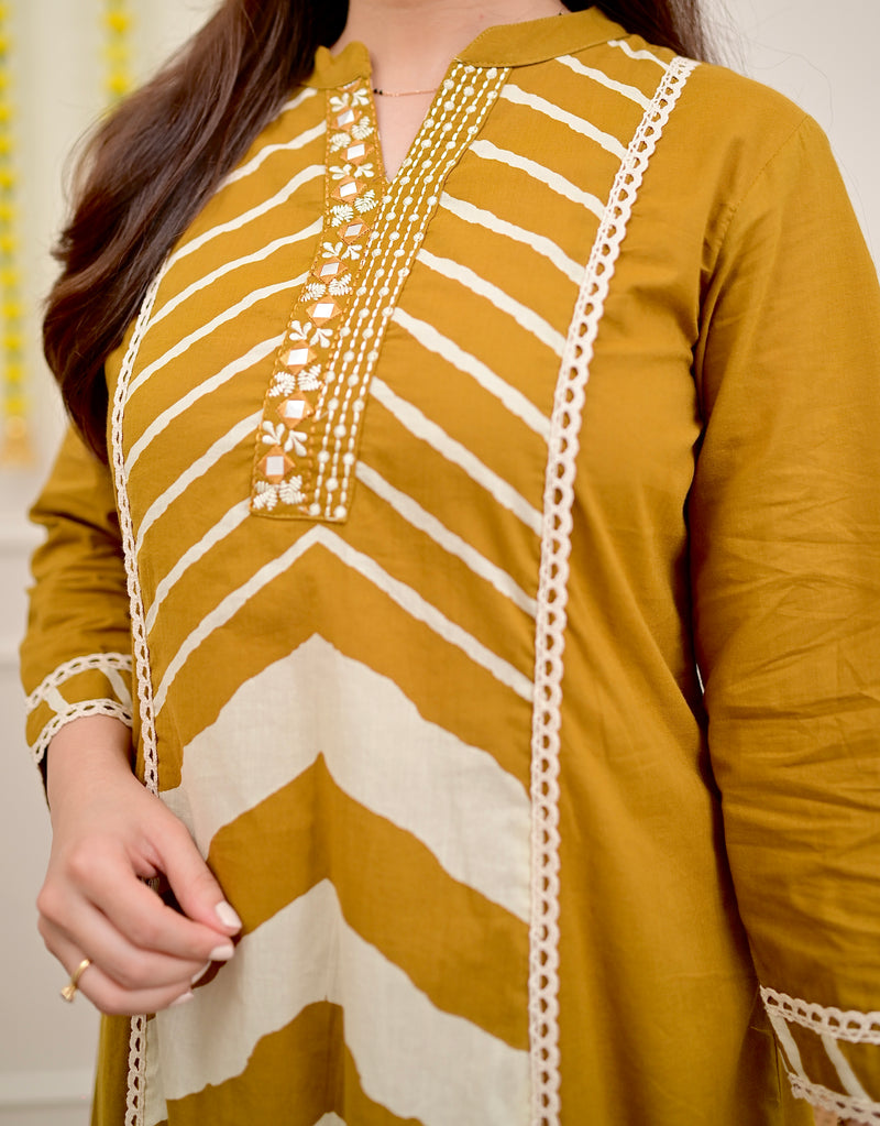 Yellow Premium Cotton A-Line Suit Set | Embroidered Elegance with Dupatta