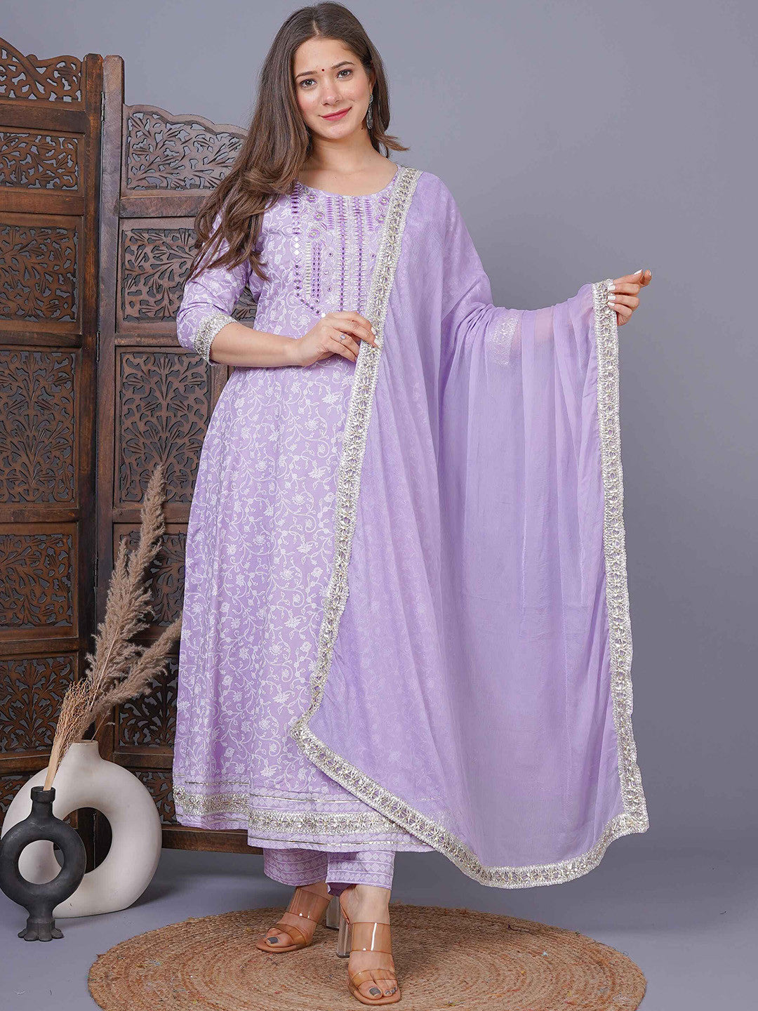 Lavender Cotton 3-Piece Kurta Set for Women